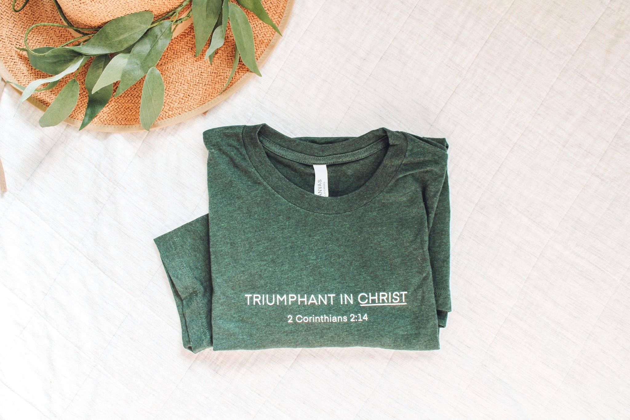 Common Grace Print Shop - Wholesale Screen Printed T-Shirt - Women's - Triumphant in Christ UNISEX Short-Sleeve T-Shirt (Color: Heathered Emerald)5