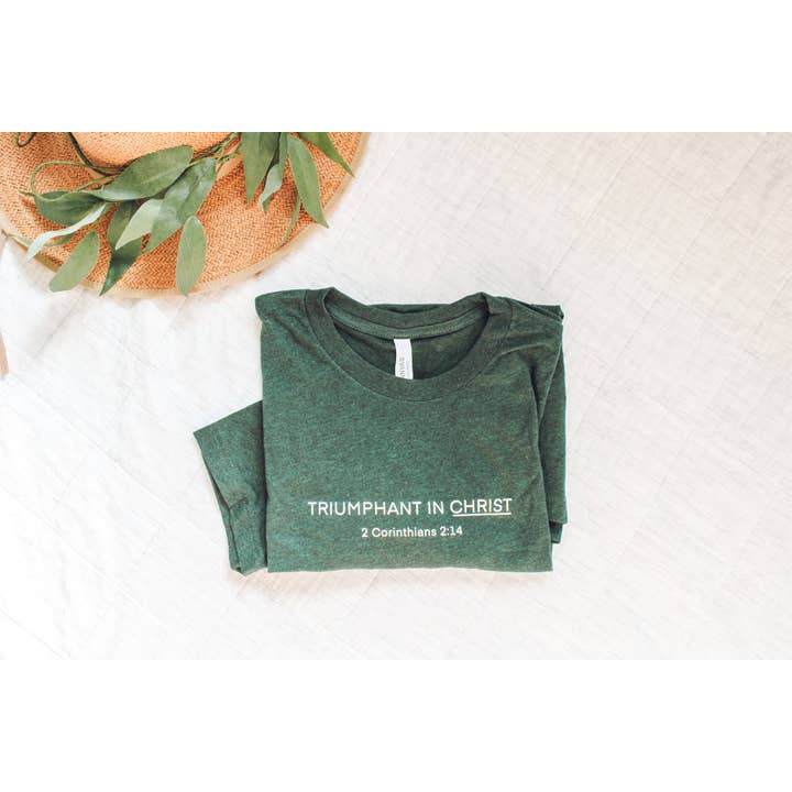 Common Grace Print Shop - Wholesale Screen Printed T-Shirt - Women's - Triumphant in Christ UNISEX Short-Sleeve T-Shirt (Color: Heathered Emerald)5