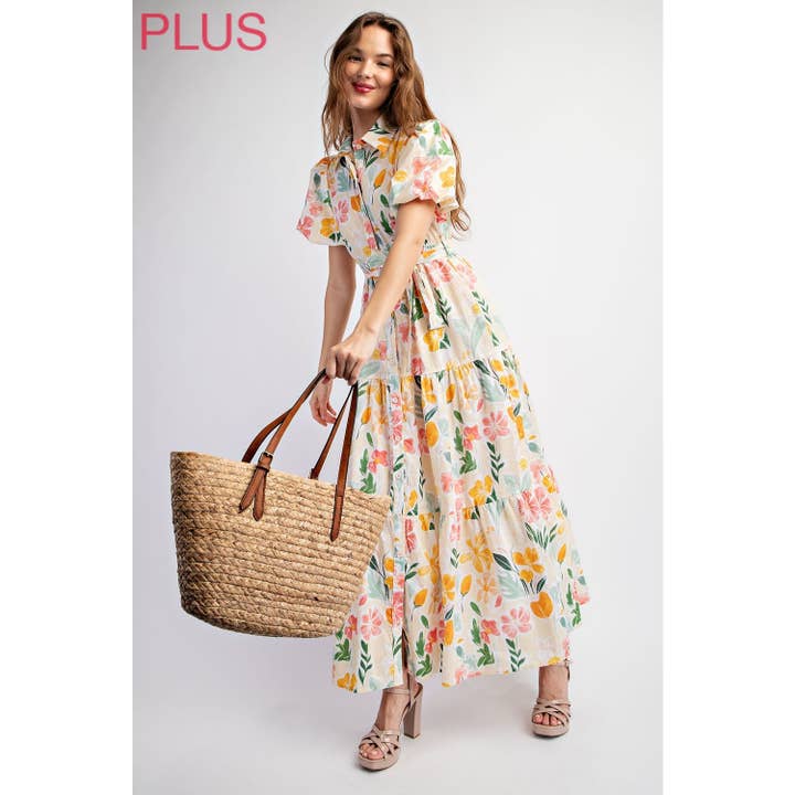 Beige Multi PLUS COTTON FLORAL PRINT SHIRT TIERED MAXI DRESS WITH PUFF S for wholesale on Faire