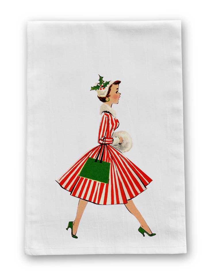Walking Woman Vintage Retro Christmas Tea Towel for wholesale by Tatter'd Royals