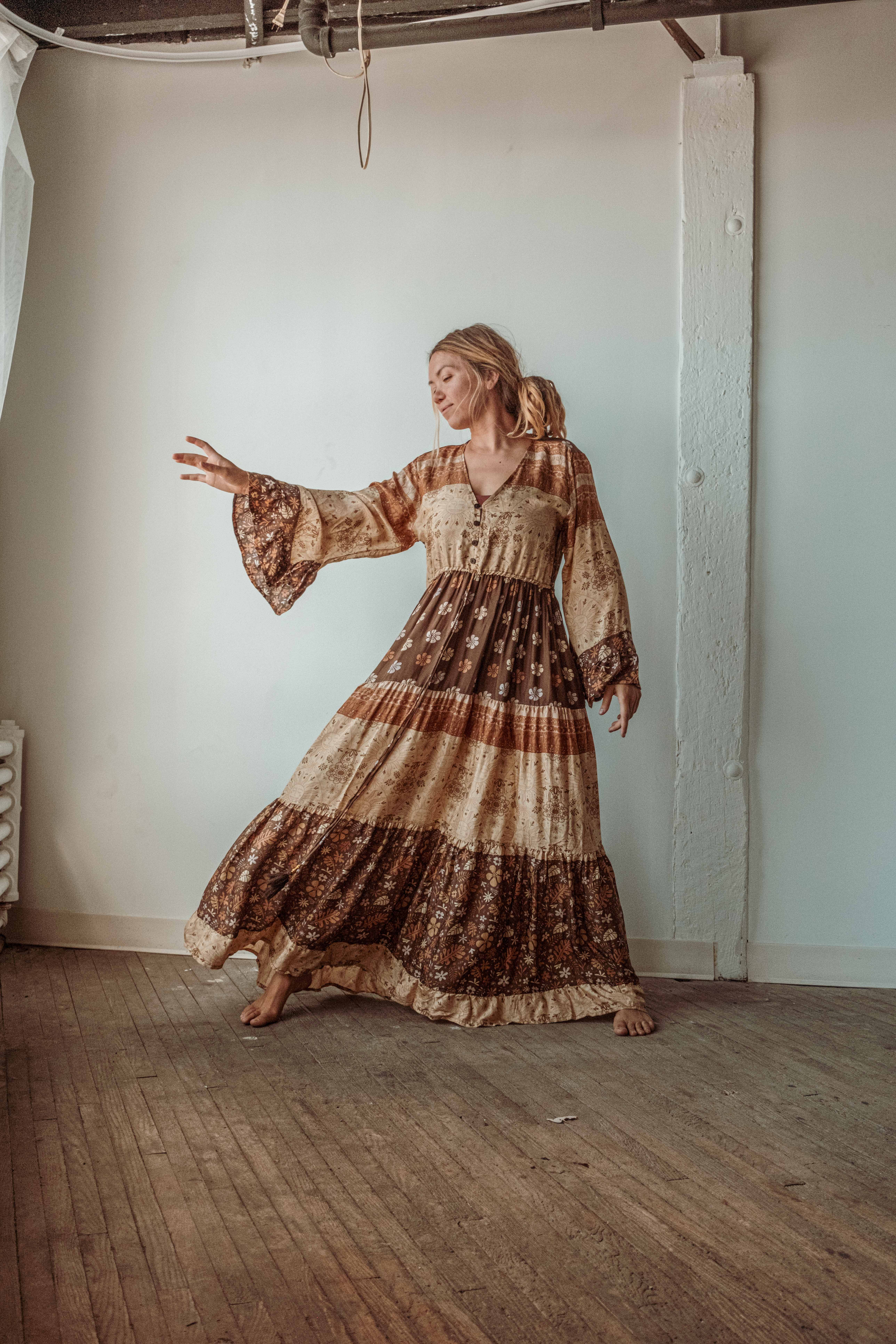 Gardenbelle Shop – wholesale Dress – Women's – Boho Hippie Maxi Dress, Earthy Solstice Bell Sleeve Dress7