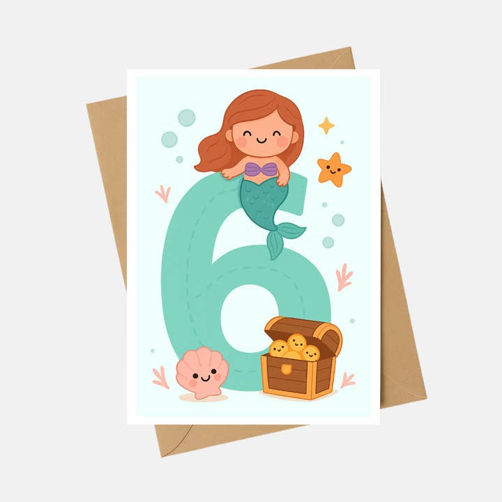 Children's Birthday Card - 6th Birthday Mermaid Card - A6 for wholesale by The Playful Press