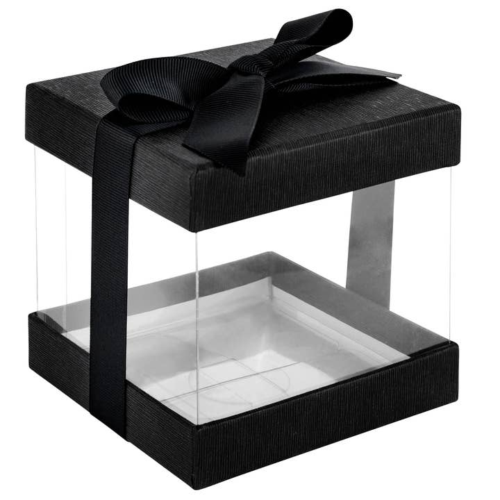 Clear Gift Boxes 6 Pack Bakery Box Base Lid & Ribbon Black for wholesale by Hammont