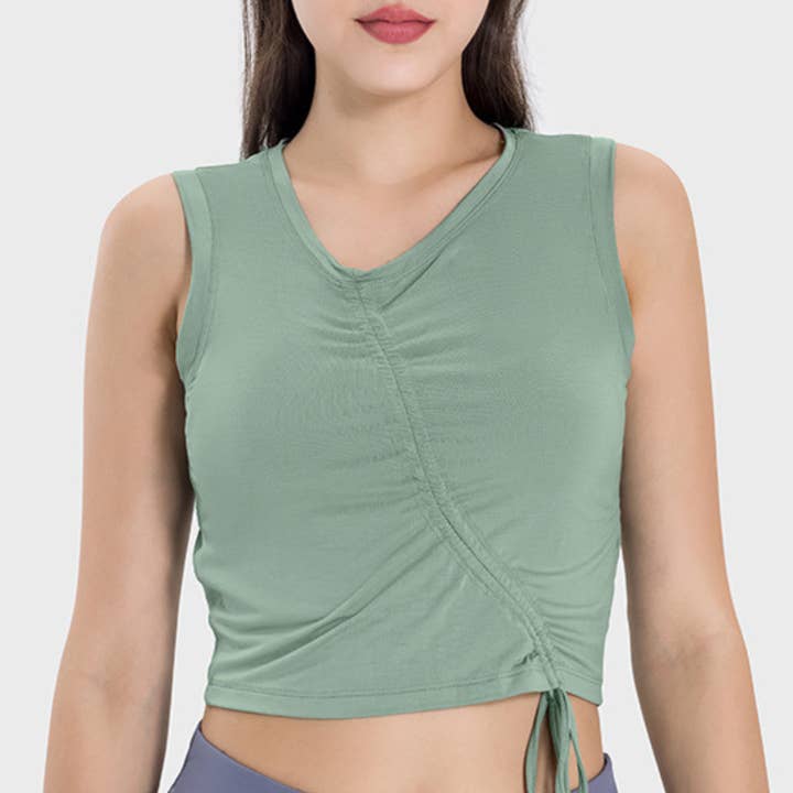 Top de yoga macio para mulher — corte justo com franzido e cordão ajustável por atacado de Sodalemon