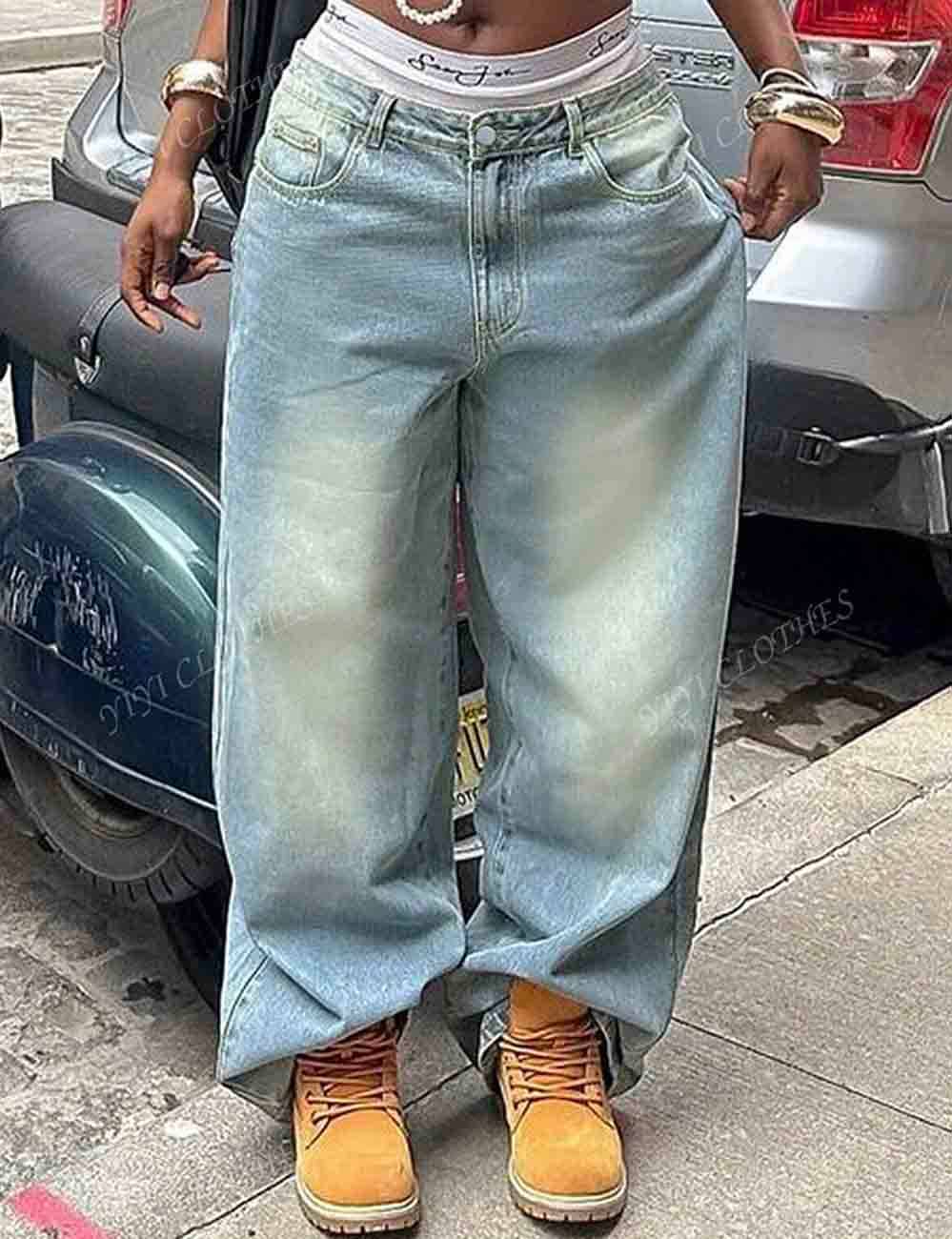 Ljusblå Baggy jeans med fickor och vida ben för dam för wholesale på Faire1