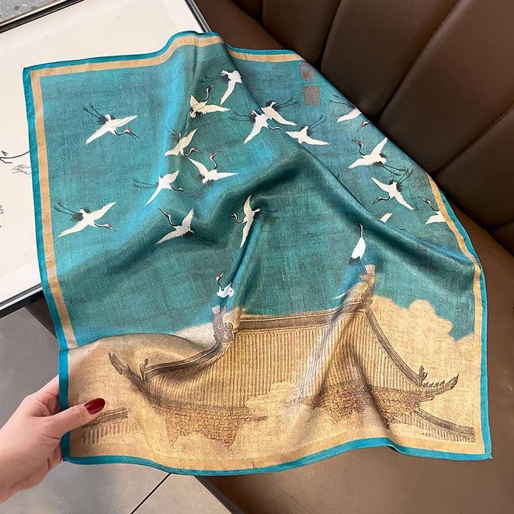 SueSilkHK - Wholesale Scarf - Women's - Chinese Style 53cm Small Silk Scarf/100% Mulberry Silk Scarf/Elegant Crane Printed Scarf/Gift for Her