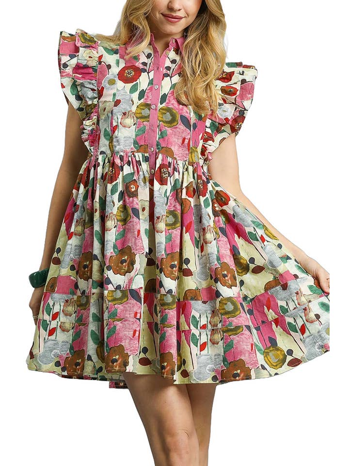 Vanilla Monkey - Wholesale Dress - Women's - Ruffle Sleeve Floral Button-front Mini Dress