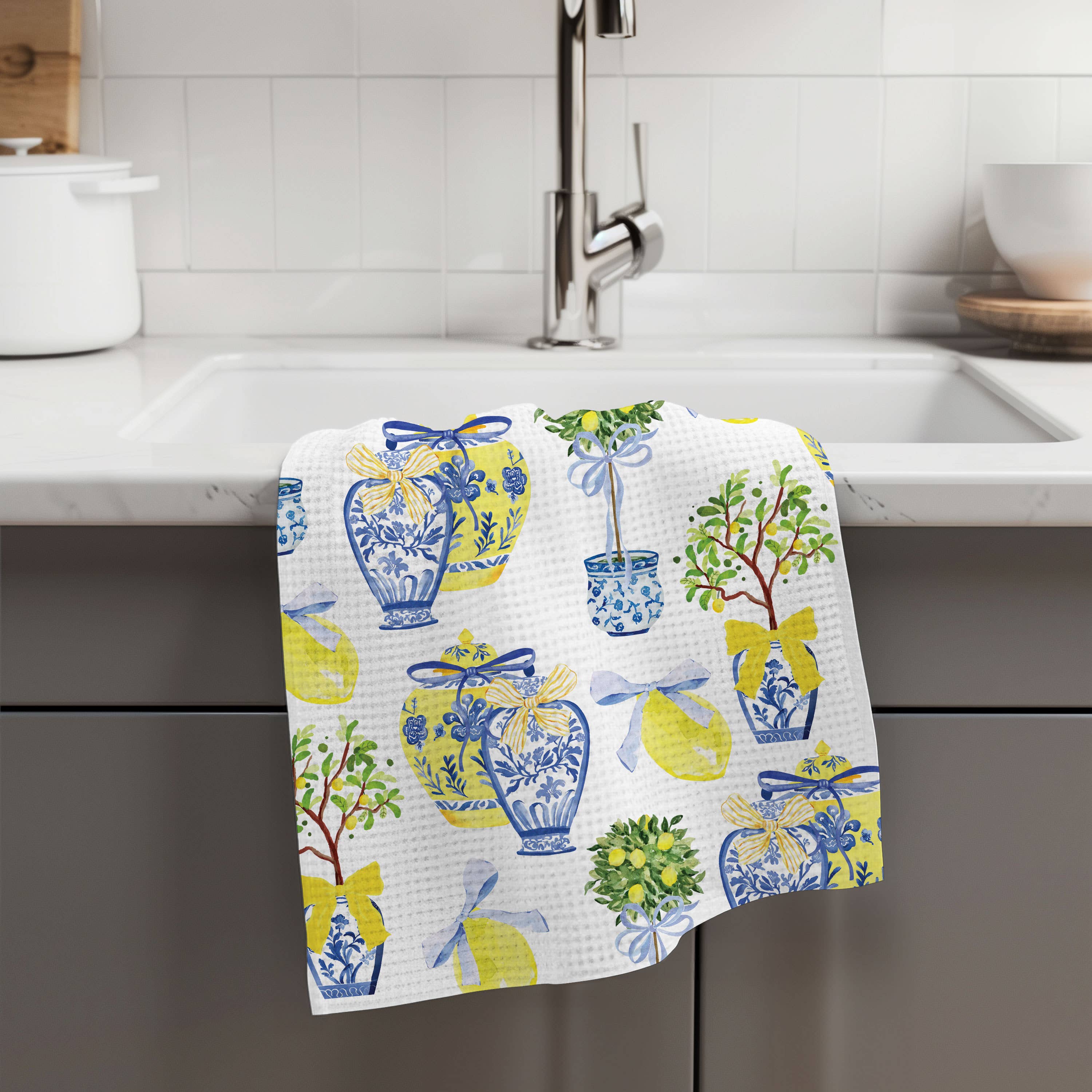 Canary Road - Wholesale Tea Towel - Lemon Chinoiserie Citrus Summer Fruit Kitchen Towel Waffle2