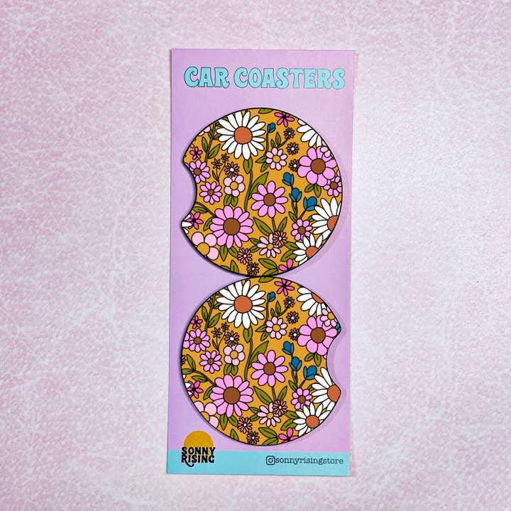 Sonny Rising - Wholesale Car Coaster - Women's - 2 Car Coasters, Mustard Floral Pattern