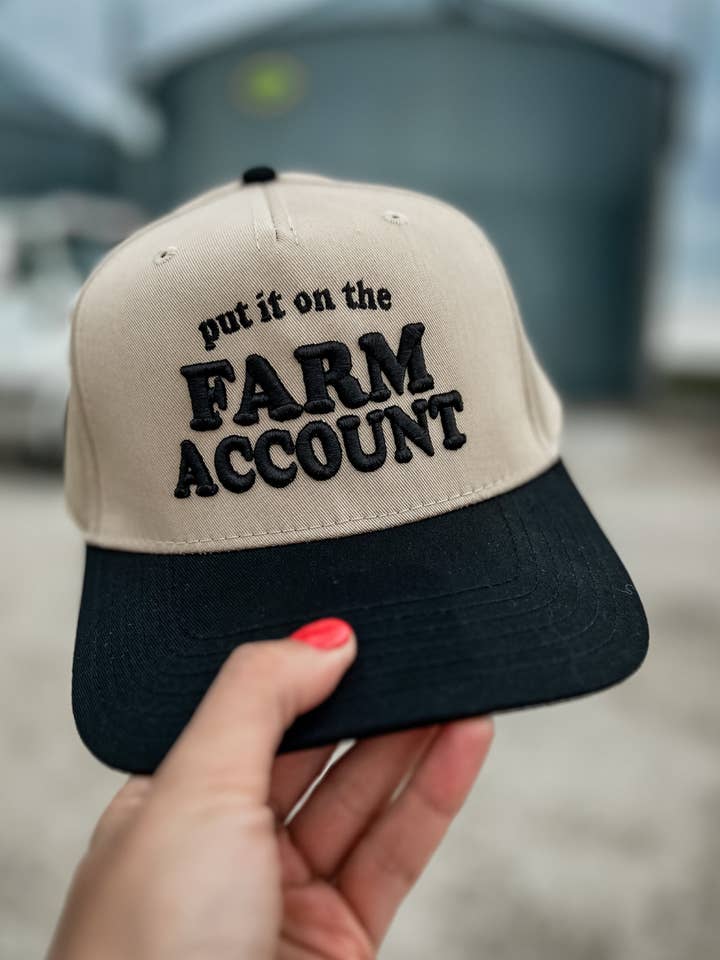 Put It On The Farm Account Trucker Hat in Black/Tan for wholesale by Kelso & Company