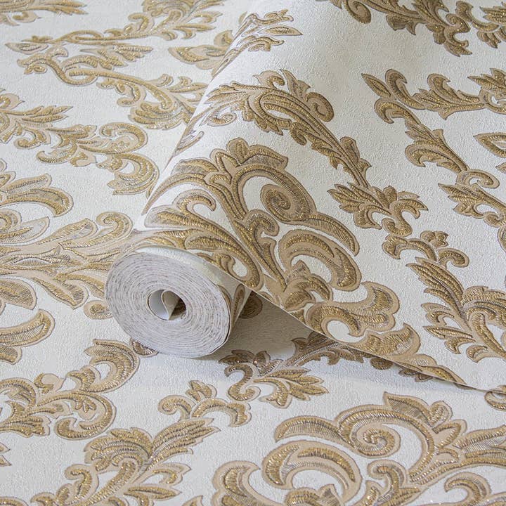 Walloro Luxury Embossed Wallpaper - Wholesale Wallpaper - Beautiful White Gold Damask Shiny Embossed Plain Wallpaper, 3D Elegant Textured, Non-Woven, Non-Pasted, Large 114 sq ft Roll, Washable