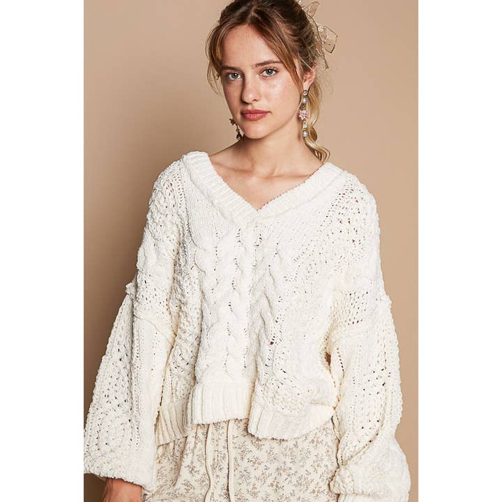 Apolline - Wholesale Knit Sweater - Women's - Overlay V Neck Balloon Sleeve Semi-Cropped Top in Chenille S