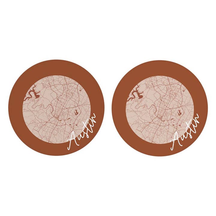 Modern Minimalist Texas Austin Circle Map | Absorbent Car Coasters | Set of 2 | Min 4 for wholesale by Love Local