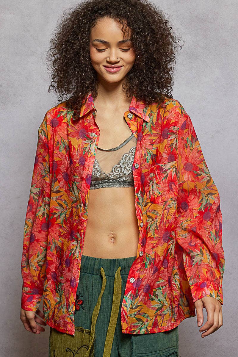 Pol Clothing - Vente Chemise à col boutonné – femme - Haut chemise tissé à manches longues imprimé floral15