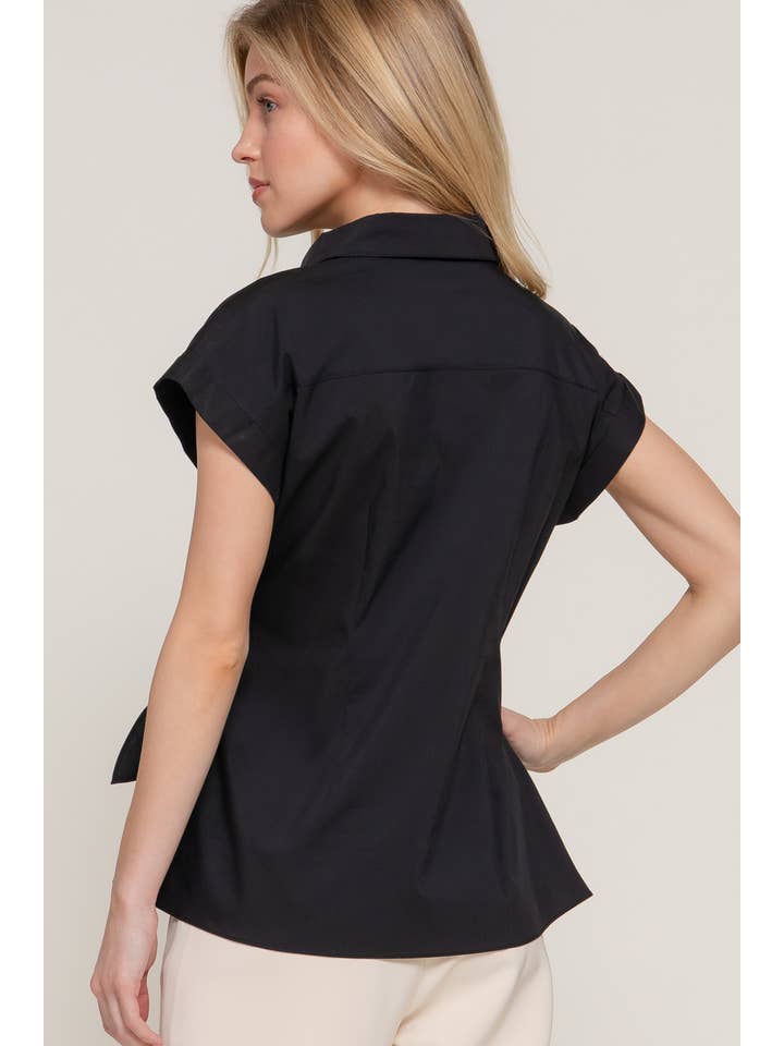 Active Basic | Active USA - Wholesale Button Down Shirt - Women's - Short Dolman Sleeve Button Down Side Knot Poplin Shirt1
