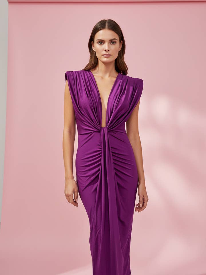 GLÄNZENDES ELASTISCHES MIDI-KLEID IN BOUGAINVILLEA 5484 für den Großhandel von EMMA WU DESIGN