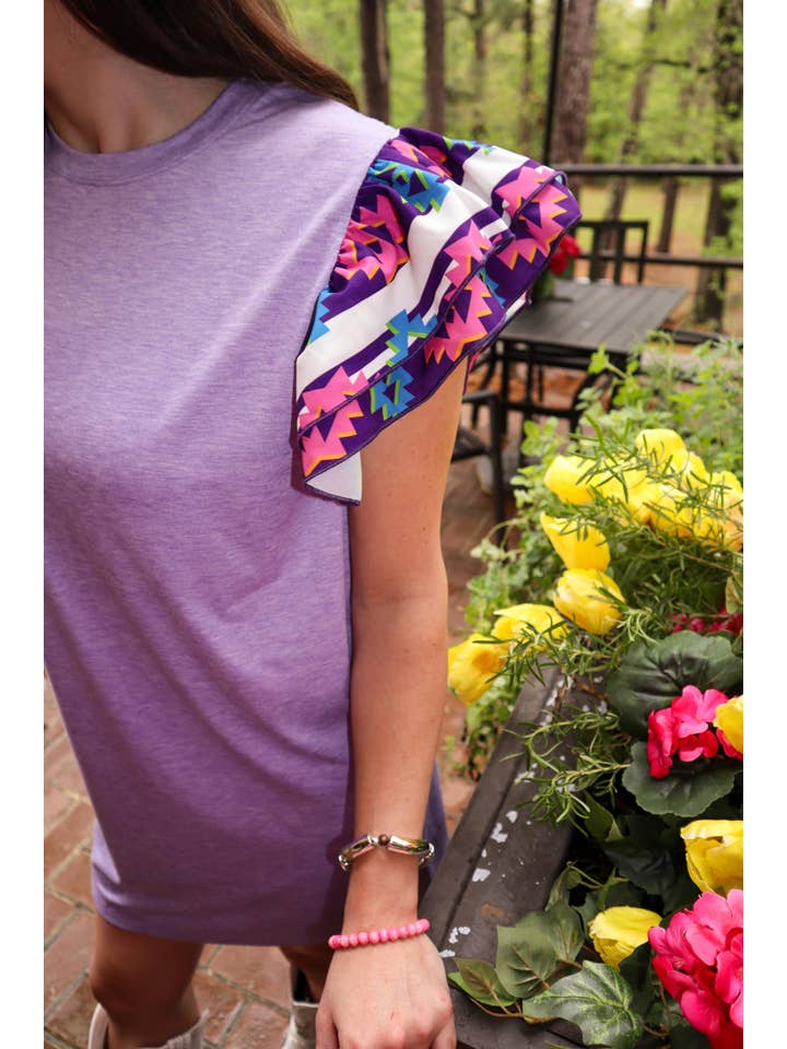 Purple MK346 Arklatex Ruffle Sleeve Tee Dress - Purple/Multi Aztec for wholesale on Faire
