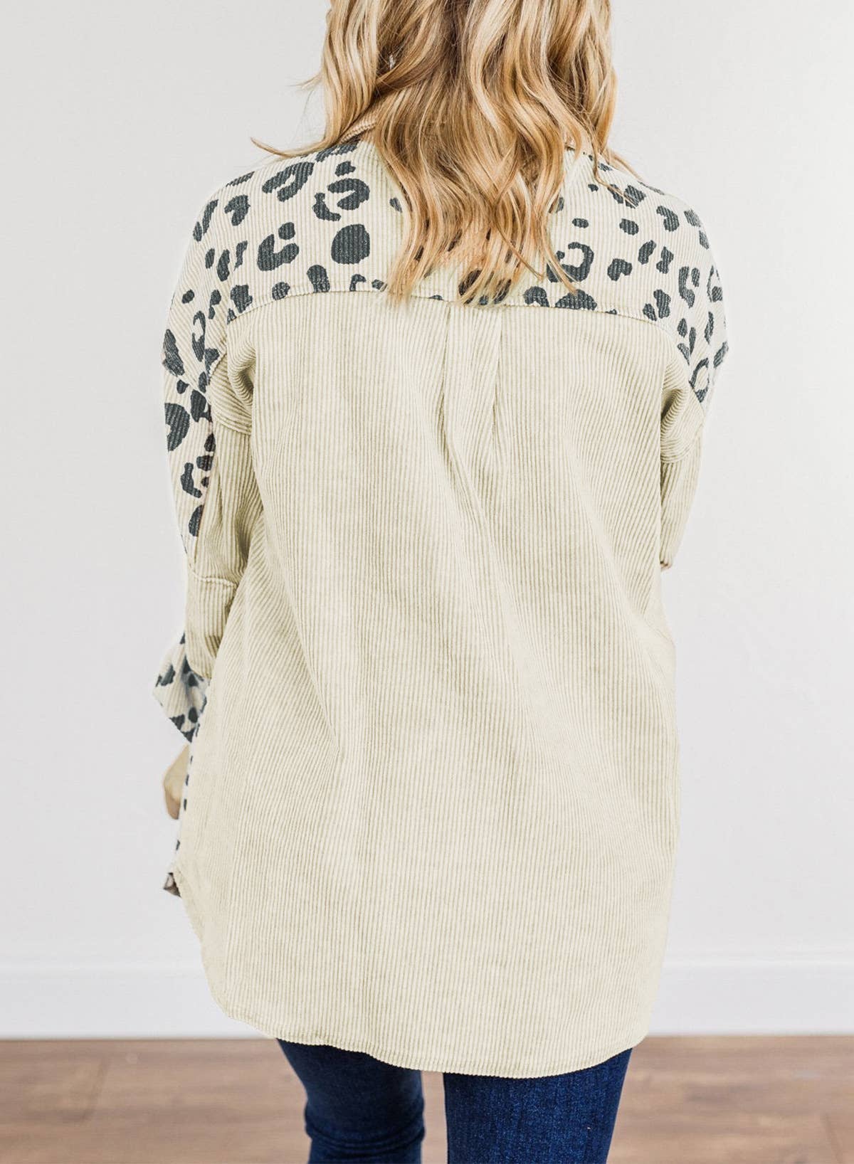 khaki leopard patchwork oversized corduroy Shacket for wholesale on Faire3