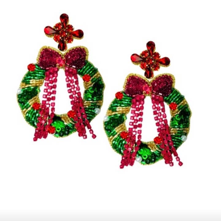 Christmas Wreath with Bow Earrings - Red for wholesale by Golden Lily