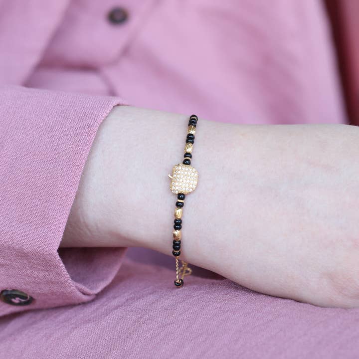 18k Gold plated Black Bead Nazar Charm bracelet for wholesale by The Colourful Aura