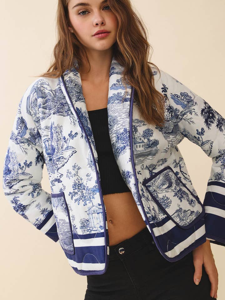 CJ6647-Toile Print Striped Accents Detachable Belt Jacket for wholesale by TCEC