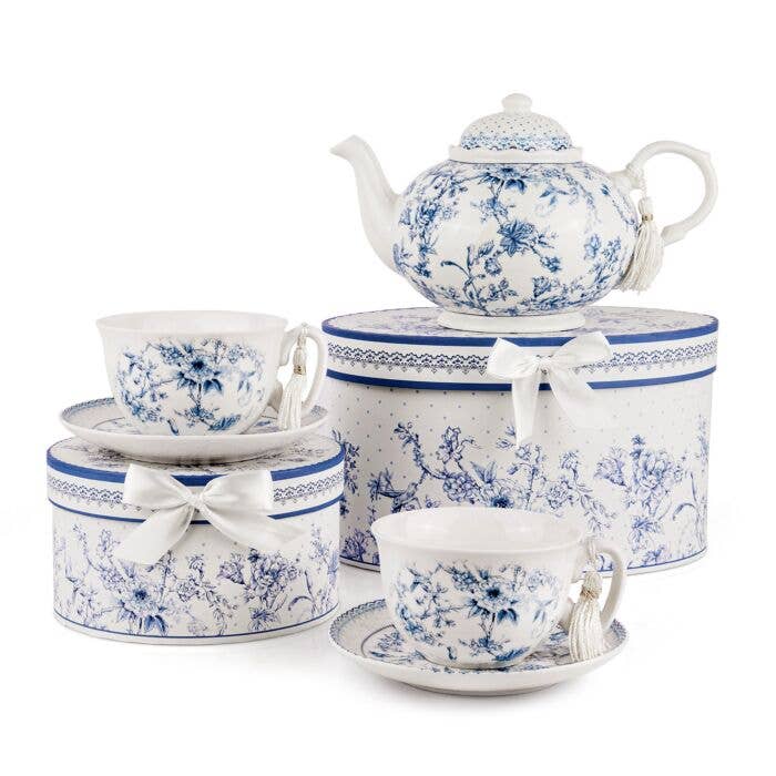 STP - Wholesale Tea Pot - Vintage Blue Flowers Bone China Teapot in Gift Box