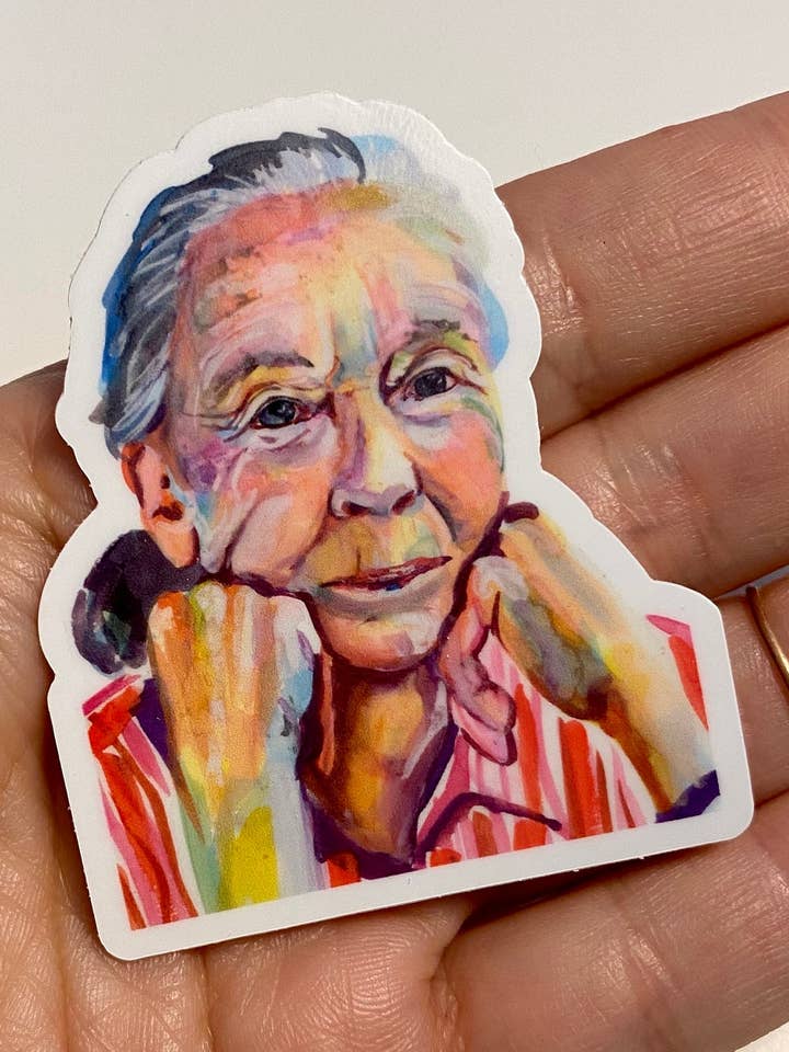 Jane Goodall Vinyl Sticker for wholesale by Rebecca Holopter