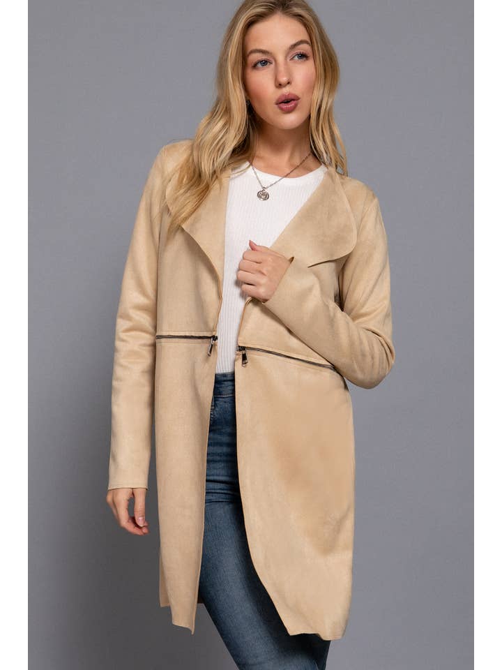 Active Basic | Active USA - Wholesale Jacket - Women's - Long Sleeve Front Two Zipper Detail Faux Suede Long Jacket
