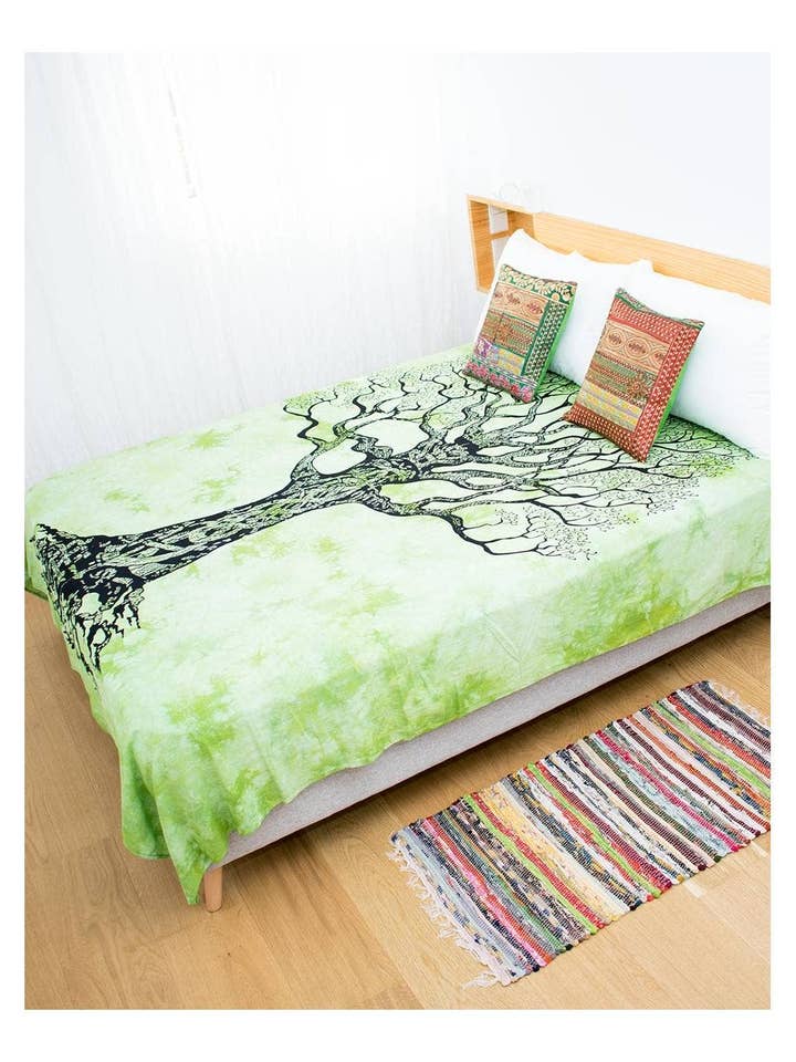 Bedcover Or Green Cotton Tapestry With Tree Print for wholesale by Kimago's Home