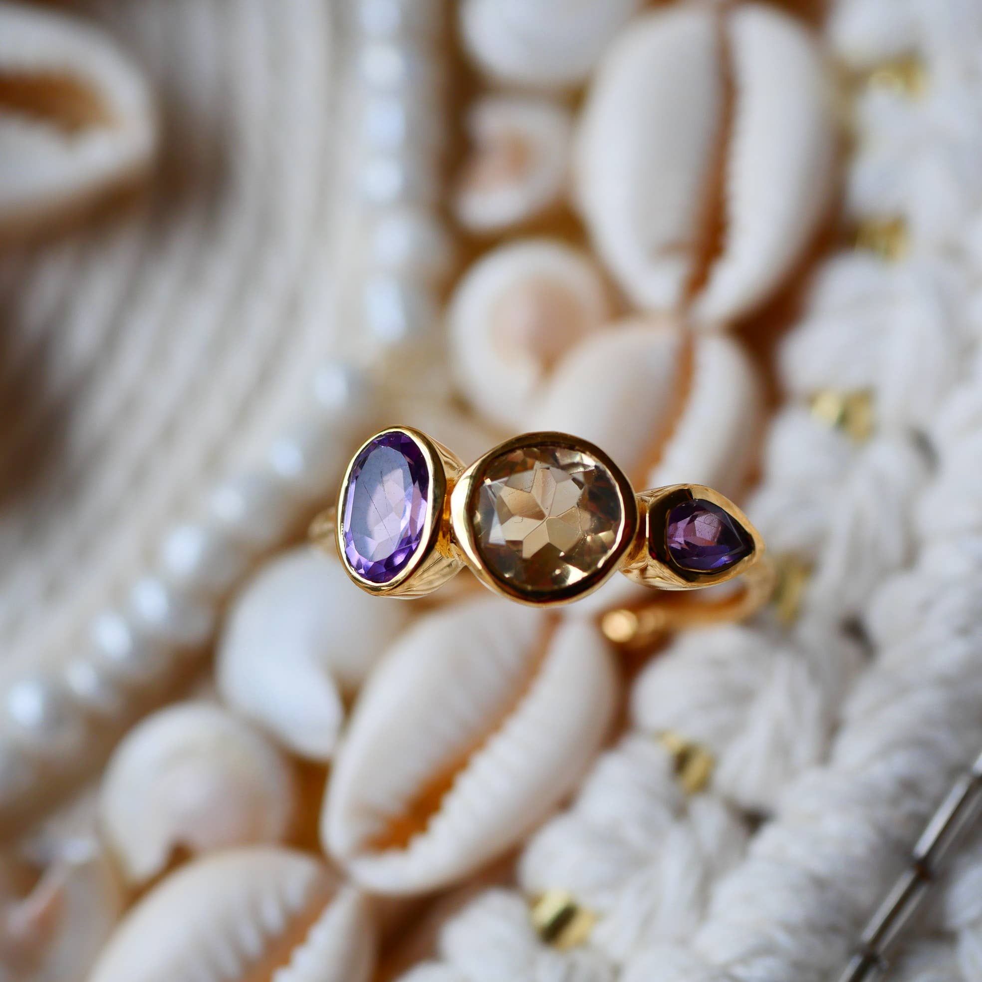 GINANDGER - Wholesale Multi-Stone Ring - PANARUTTHAN Adjustable Ring - Citrine and Amethysts