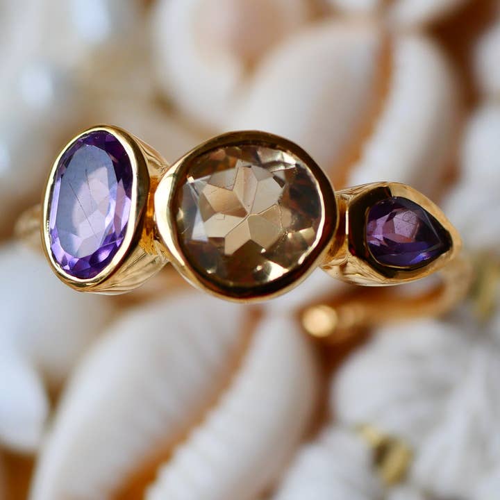 GINANDGER - Wholesale Multi-Stone Ring - PANARUTTHAN Adjustable Ring - Citrine and Amethysts0