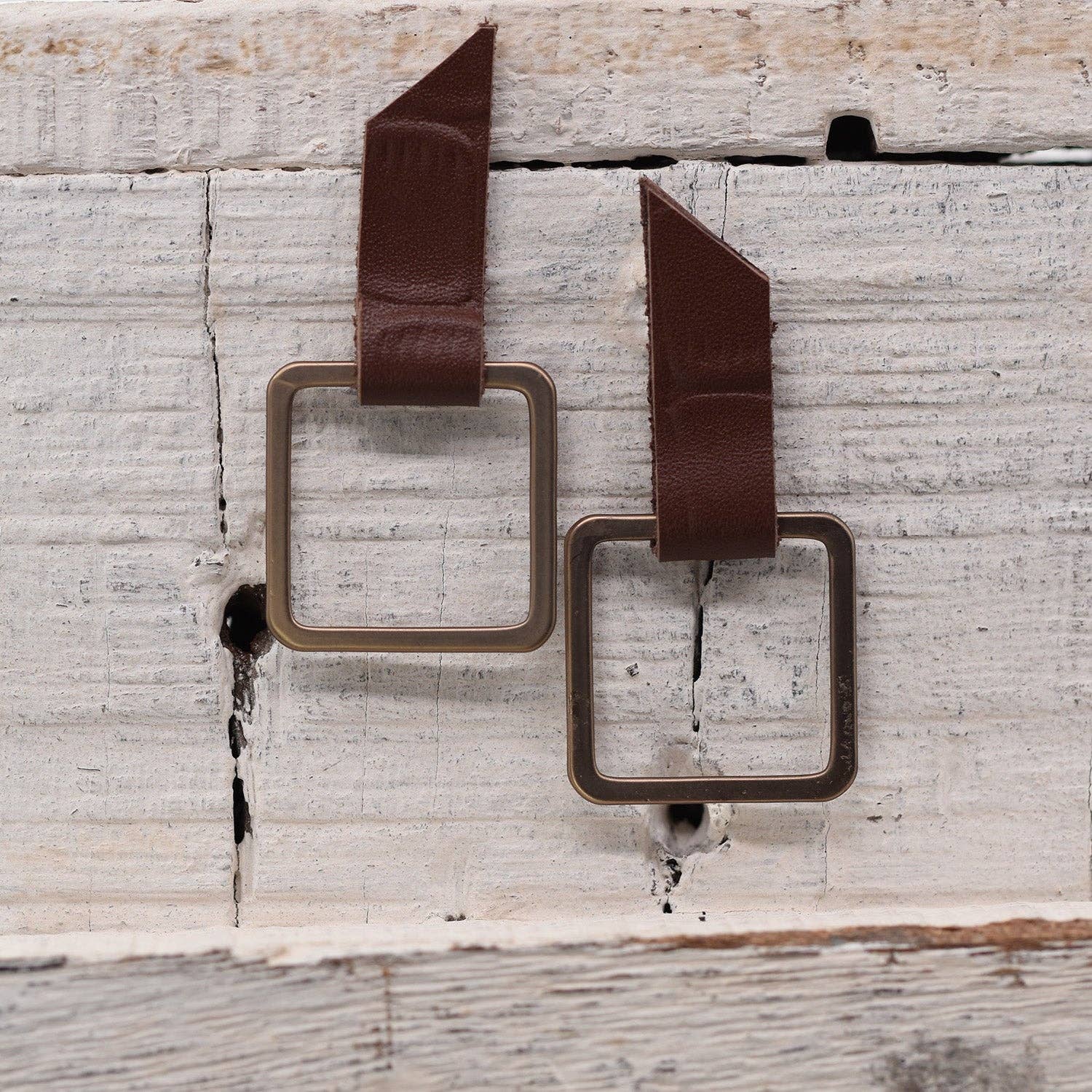 Tempest Designs – wholesale Dangle earrings – Brown Leather and Metal Square Hoop Earrings0