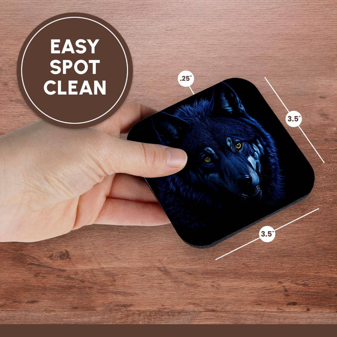 3dRose - Wholesale Coasters - 3dRose, Mystical, magical wolf portrait. Yellow eyes. Dark blue, black gift, Coaster13