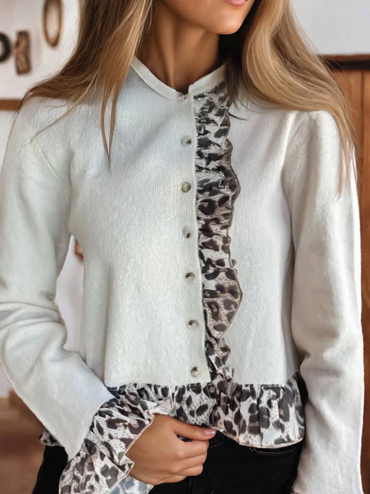 Western Knit Leopard Ruffle Patch Button Down Crop Cardigan for wholesale by fashionworks