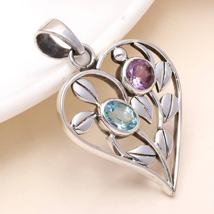 925 Sterling Silver Heart Pendant with Amethyst & Blue Topaz for wholesale by AG 925 JEWELLERY
