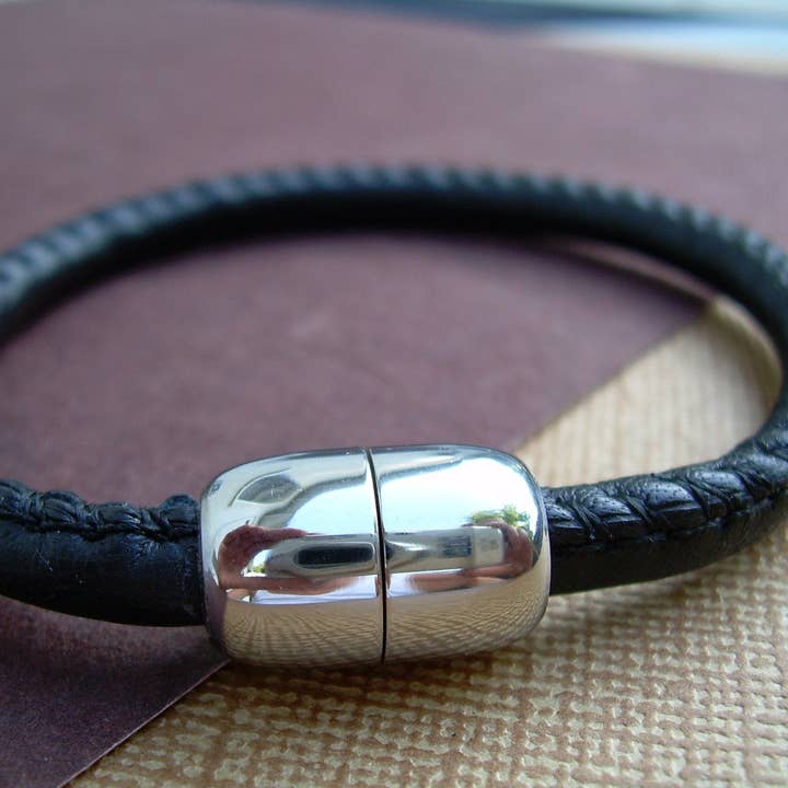 Mens Premium Stitched Nappa Leather Bracelet - Black - with Stainless Steel Magnetic Clasp, Mens Jewelry, Mens Bracelet, Fathers Day, Groom for wholesale by Urban Survival Gear USA