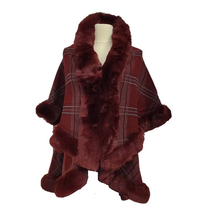 Elegant Faux Fur Trim Plaid Knit Ruana Poncho Cape for wholesale by Pearl and Rox