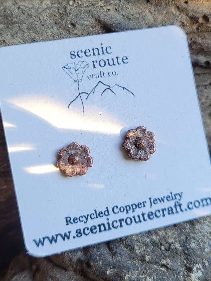 Recycled Copper Flower Earrings for wholesale by Scenic Route Craft Co.