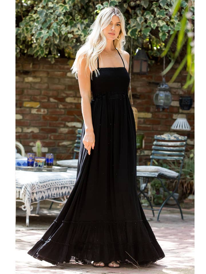 Sweet Lovely by Jen - Wholesale Dress - Women's - HALTER CUT-OUT BACK SMOCKED TIERED SKIRT MAXI DRESS