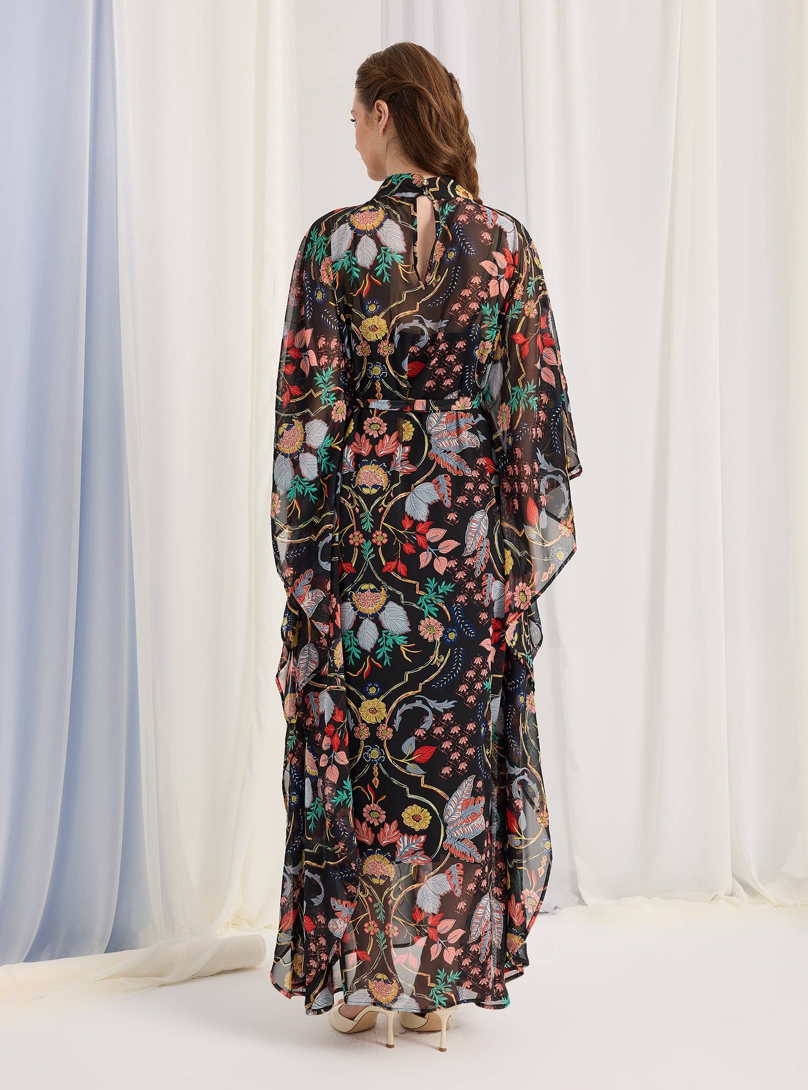 Store WF – wholesale Kaftan – Women's – Black Printed Gold Lurex Belted Kaftan Dress6