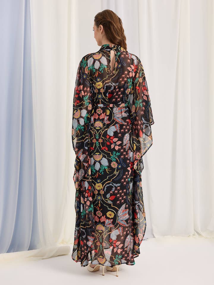 Store WF – wholesale Kaftan – Women's – Black Printed Gold Lurex Belted Kaftan Dress6