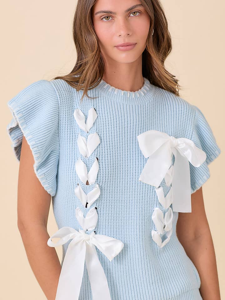 Main Strip - Wholesale Knit Sweater - Women's - Weaved Ribbon Bow Detail Sweater Knit Top