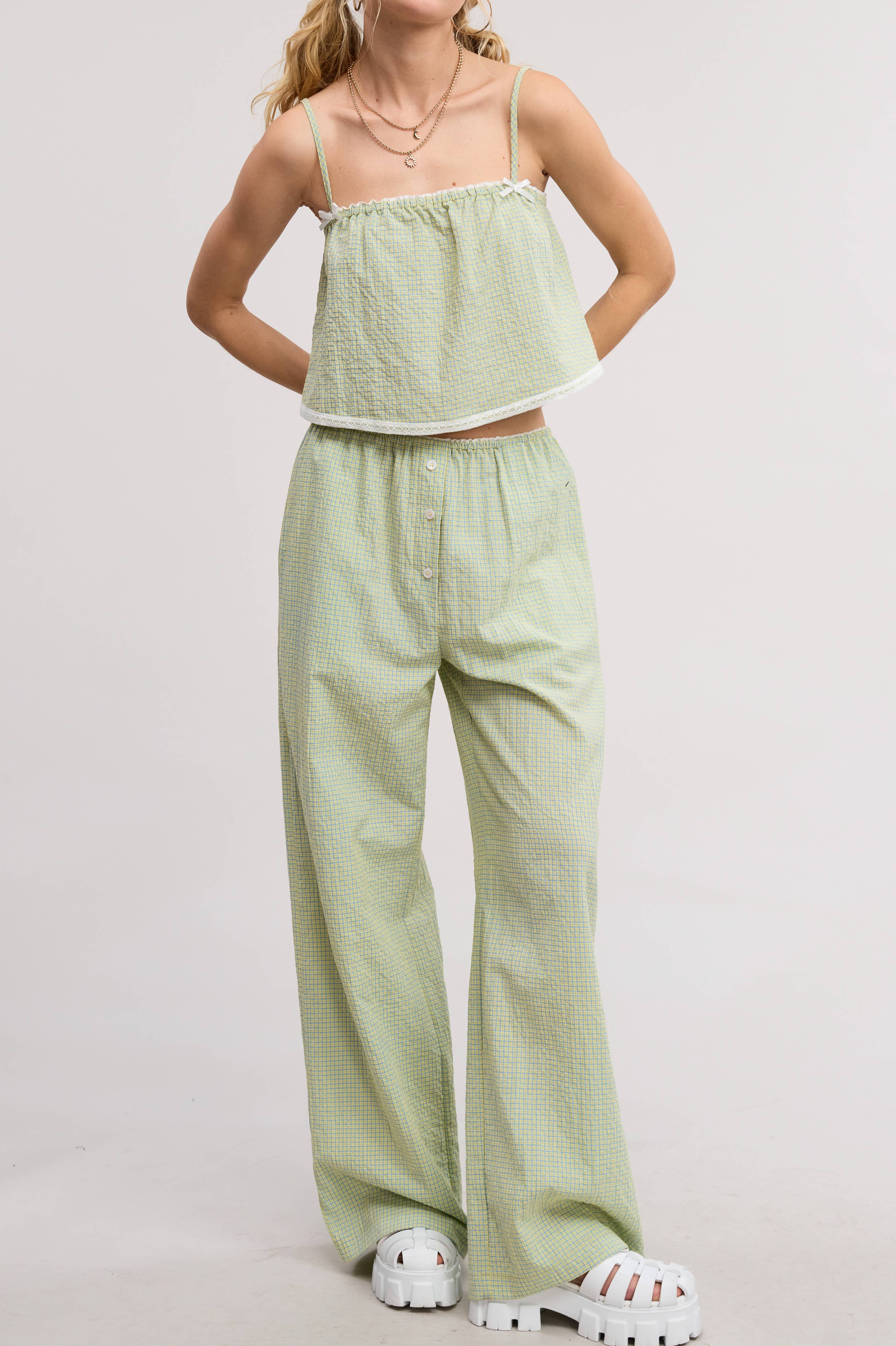 Mimosa - Wholesale Top & Pant Set (NOT Loungewear) - Women's - Plaid Lace Trim Tank and Pants Matching Set11