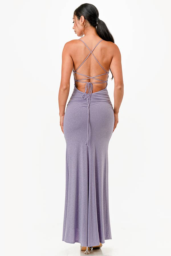 La Scala - Wholesale Dress - Women's - Glittered ITY Back lace up mermaid dress with waist shirring23