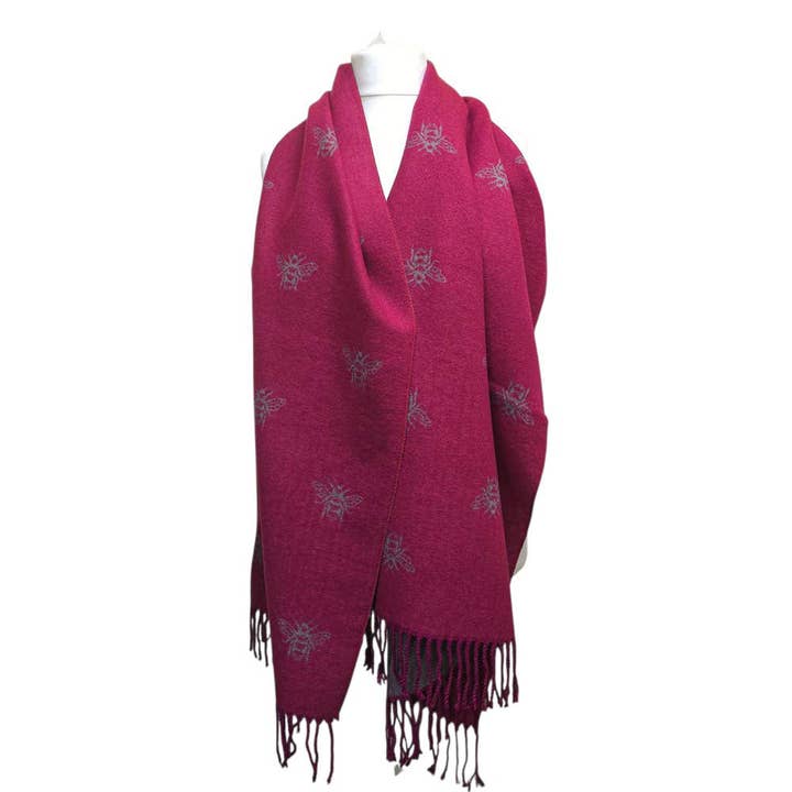 Ladies Wool Mix Reversible Bee Print Tassel Scarf Wine Red for wholesale by Strathurie