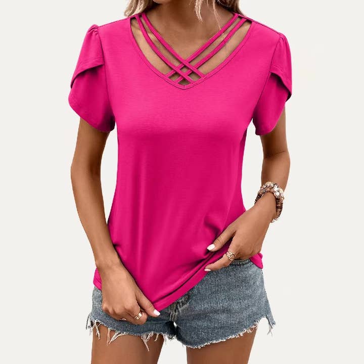 Minimalistisk Solid Rund Hals Cutout Kortärmad Topp för wholesale av The Moment Collection