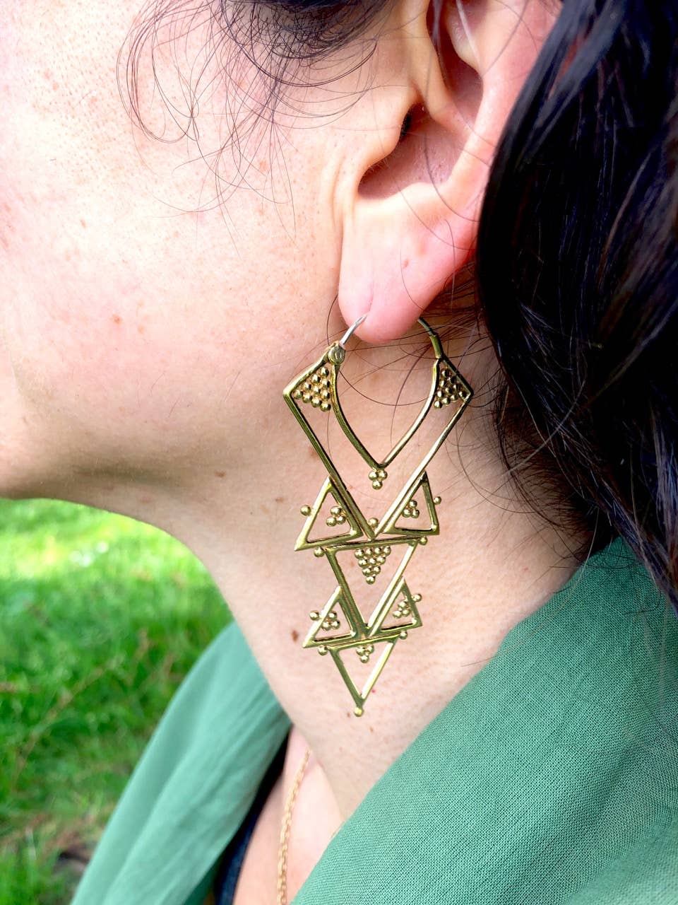 JAYA MOKSHA - Wholesale Dangle Earrings - Brass Tribal Boho Chandelier Earrings / Gold Triangle Hoops 2