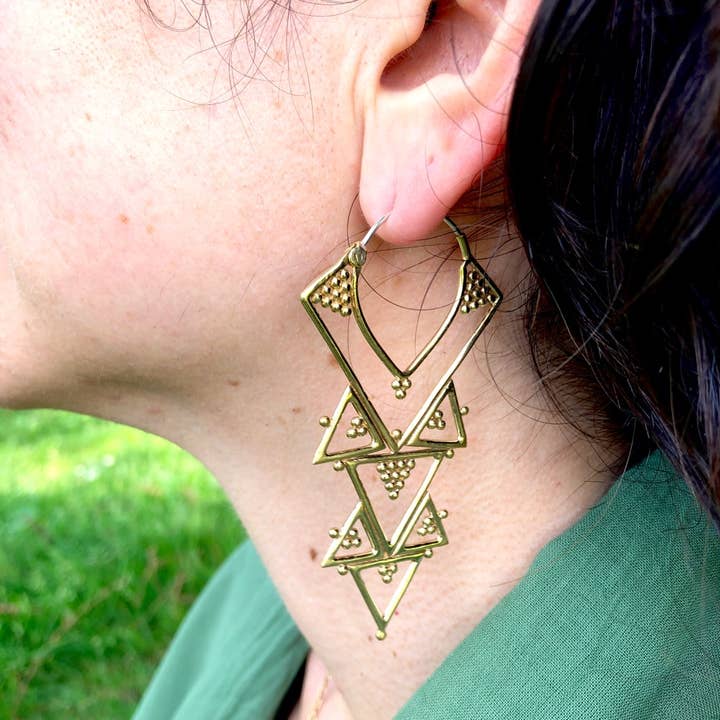 JAYA MOKSHA - Wholesale Dangle Earrings - Brass Tribal Boho Chandelier Earrings / Gold Triangle Hoops 2