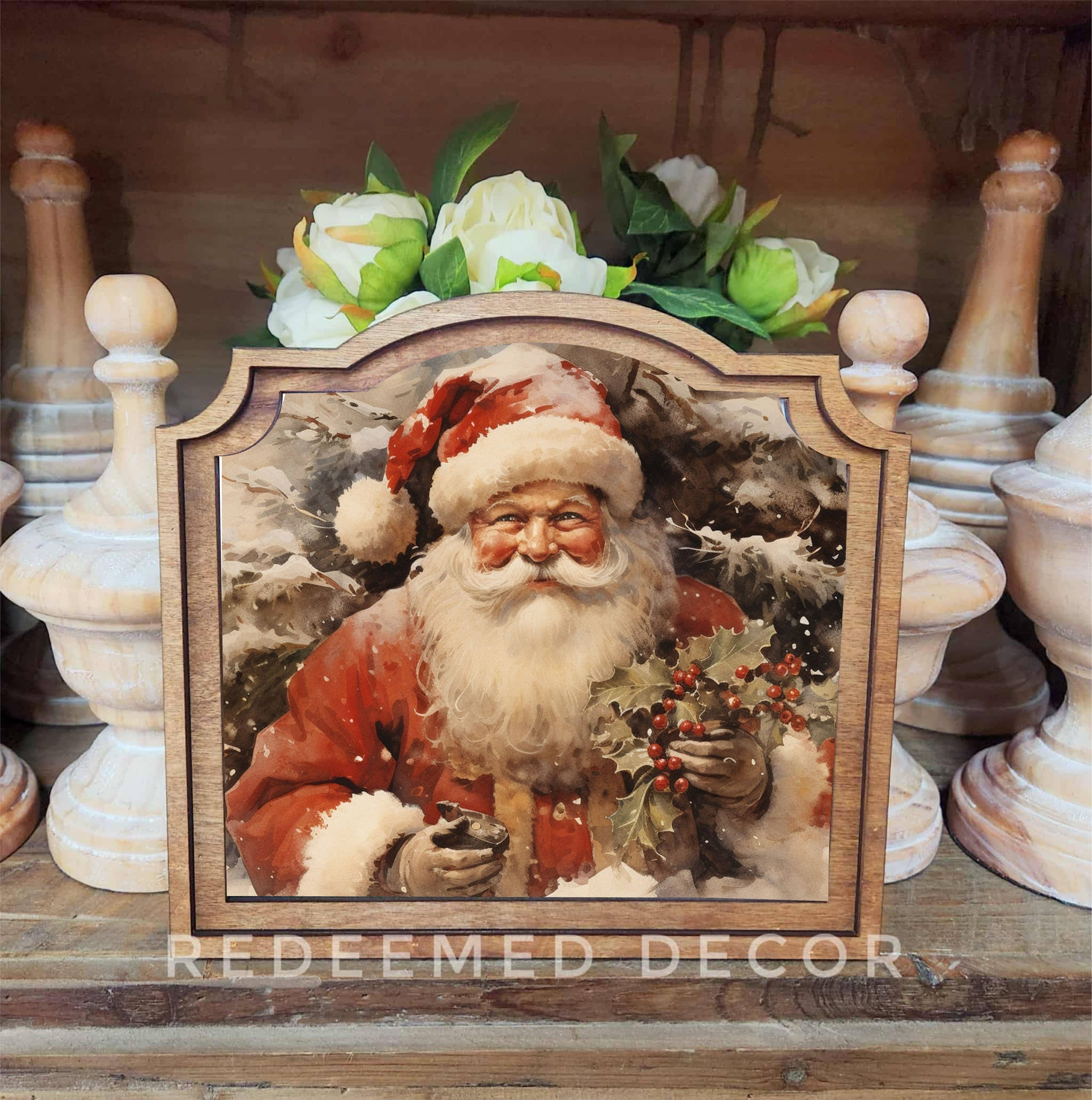 Redeemed Decor - Vente Décorations de table - Art encadré de Père Noël provincial avec houx