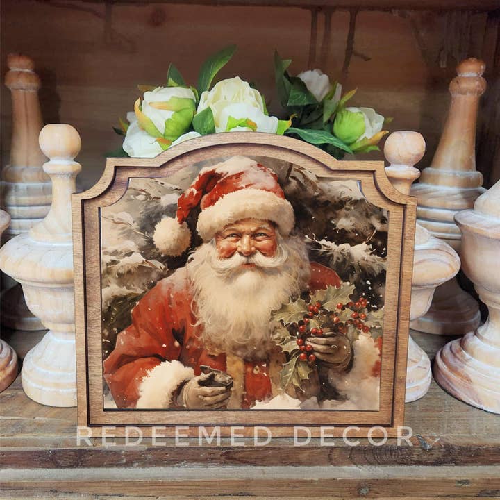 Redeemed Decor - Wholesale Decorative Tabletop Object - Provincial Santa With Holly Framed Art